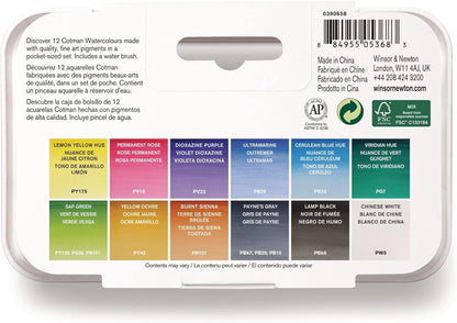 Winsor & Newton, Cotman Watercolour, 'Water Brush Pocket Set' , 12 x Half Pans + 1 x Water Brush 14 Piece Set Single