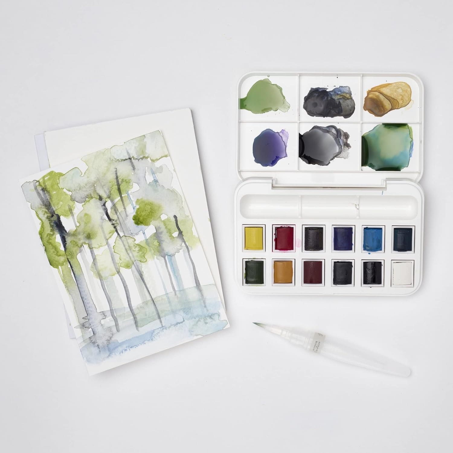 Winsor & Newton, Cotman Watercolour, 'Water Brush Pocket Set' , 12 x Half Pans + 1 x Water Brush 14 Piece Set Single