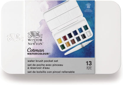 Winsor & Newton, Cotman Watercolour, 'Water Brush Pocket Set' , 12 x Half Pans + 1 x Water Brush 14 Piece Set Single