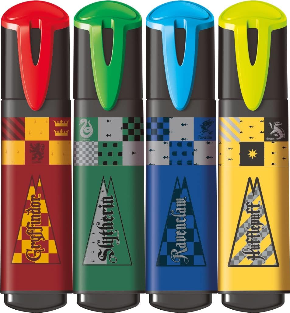 MAPED - Pack de Subrayadores - Colección de Harry Potter - 4 Subrayadores con Diseño Lúdico - Amarillo, Rojo, Azul y Verde - Punta Biselada - Tapón a Presión - Ideal para Apuntes, 740701