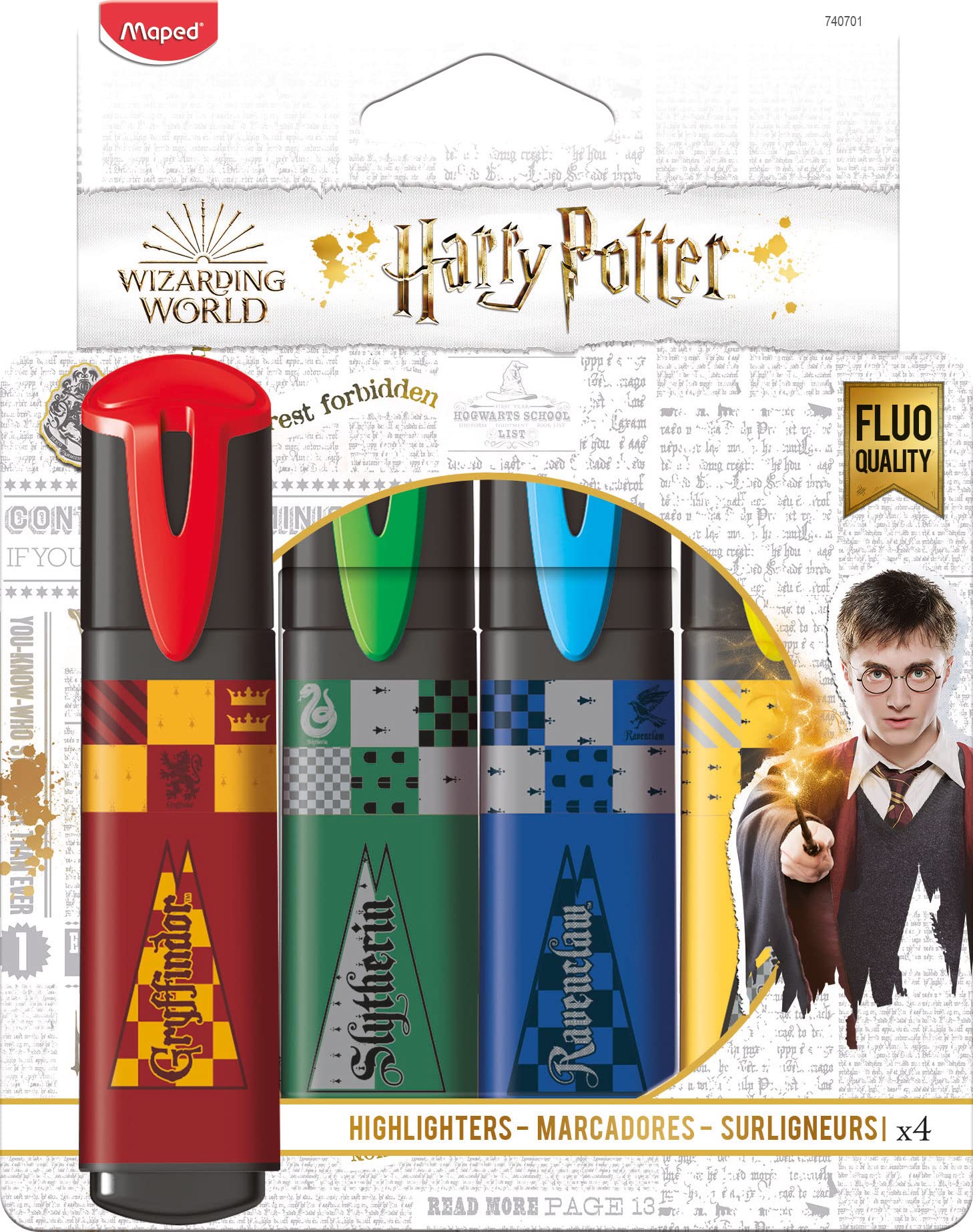 MAPED - Pack de Subrayadores - Colección de Harry Potter - 4 Subrayadores con Diseño Lúdico - Amarillo, Rojo, Azul y Verde - Punta Biselada - Tapón a Presión - Ideal para Apuntes, 740701