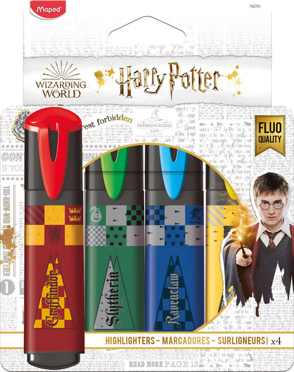 MAPED - Pack de Subrayadores - Colección de Harry Potter - 4 Subrayadores con Diseño Lúdico - Amarillo, Rojo, Azul y Verde - Punta Biselada - Tapón a Presión - Ideal para Apuntes, 740701