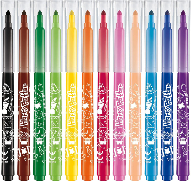 Maped 845001 - Feutres Long Life Harry Potter - 12 Feutres de Coloriage Ultra-lavables et Longue Durée - Pointe Moyenne Bloquée - Couleurs Vives - Idéal Fournitures Rentrée Scolaire