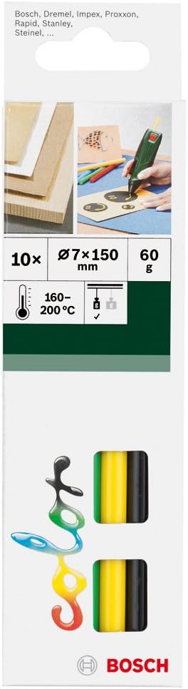 Bosch 10x Colour Glue Sticks (Red, Yellow, Green, Blue, Black, Ø 7mm, Accessories Hot Melt Glue Guns) Standard packaging