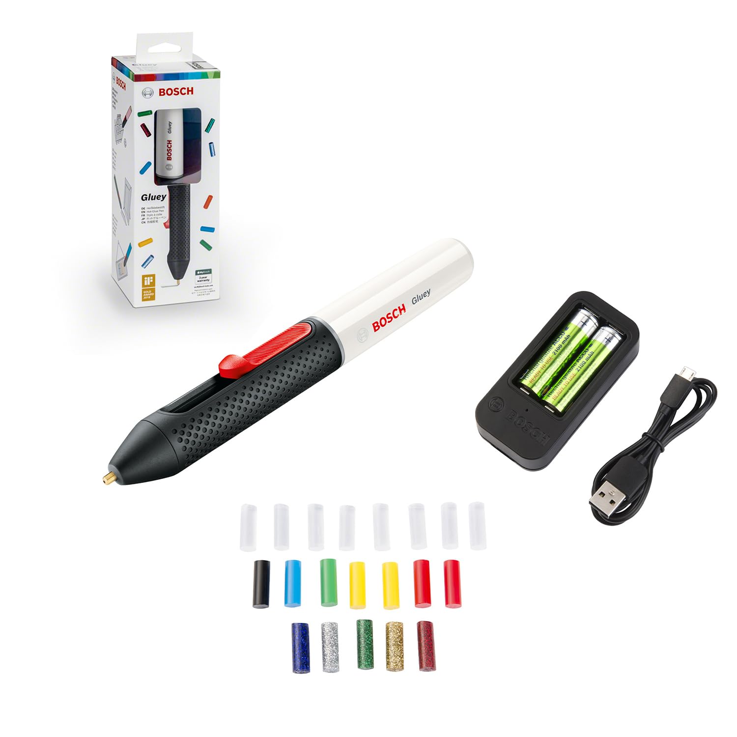 Bosch Home and Garden Bosch Akku Heißklebestift Gluey Marshmallow (mit 20 Klebesticks, im Karton) weiß, (L x B) 195 mm x 25 mm