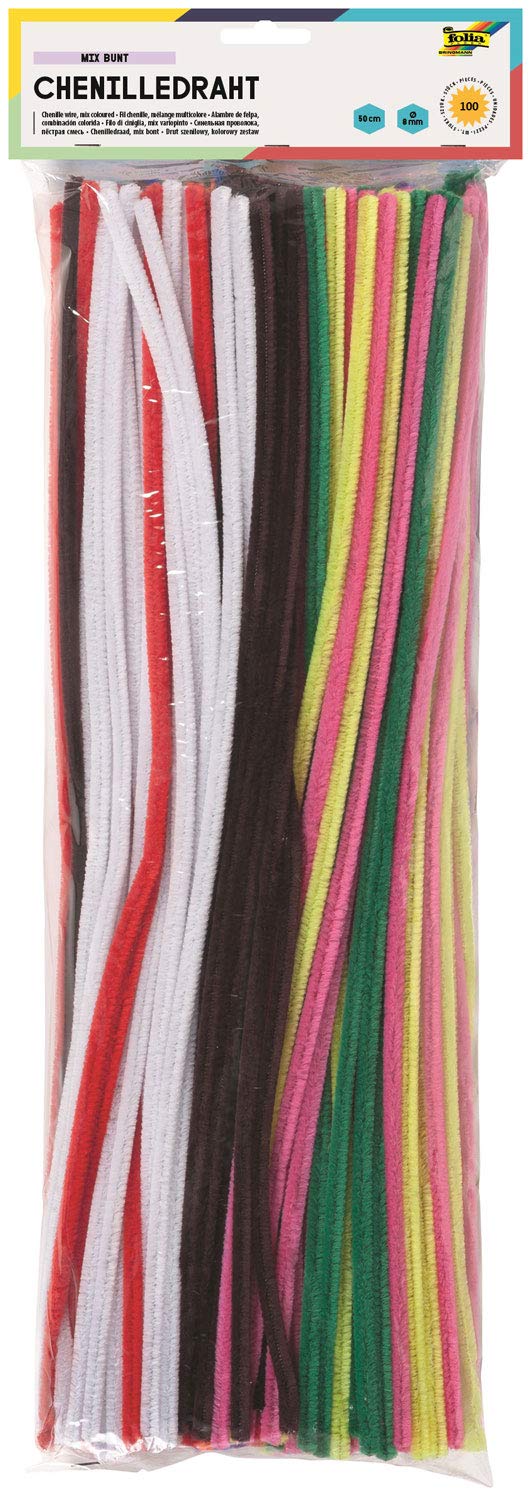 folia 778109 - Chenilledraht, Pfeifenputzer, 100 Stück sortiert in 10 Farben, Durchmesser 8 mm und 50 cm lang, ideal für Kinder zum Basteln und Gestalten von Tieren, Figuren und anderen Formen