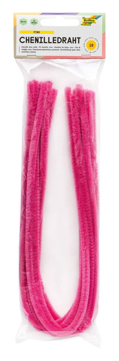folia 77823 - Chenilledraht, Pfeifenputzer, 10 Stück in pink, Durchmesser 8 mm und 50 cm lang, ideal für Kinder zum Basteln und Gestalten von Tieren, Figuren und anderen Formen