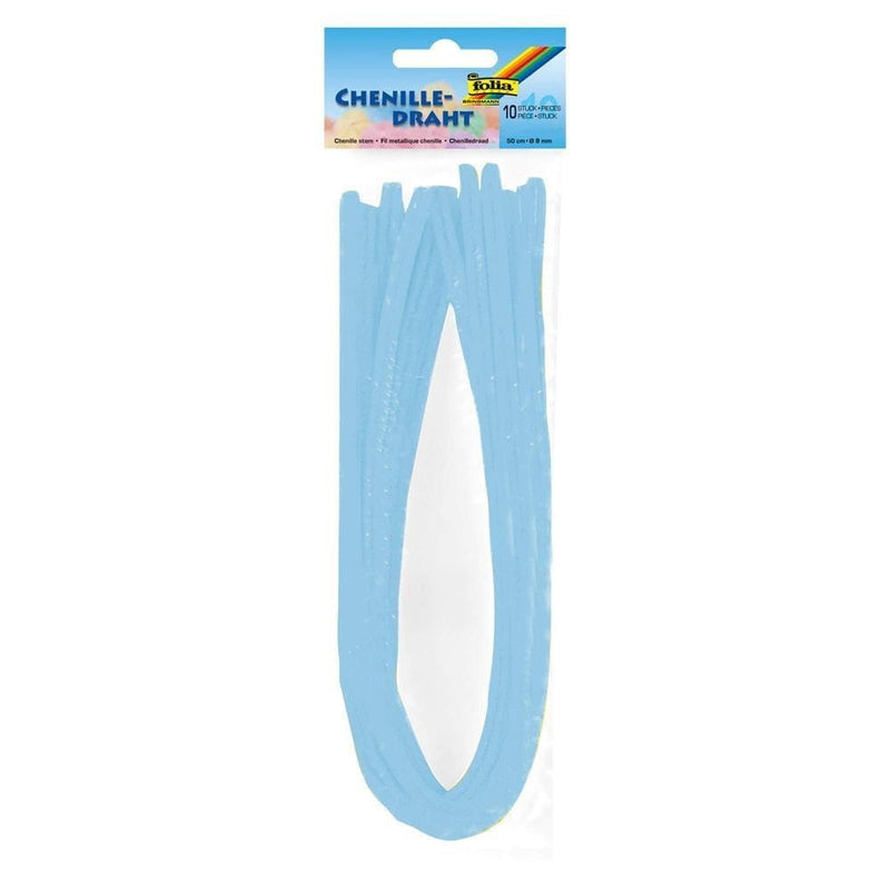 folia 77830 - Chenilledraht, Pfeifenputzer, 10 Stück in himmelblau, Durchmesser 8 mm und 50 cm lang, ideal für Kinder zum Basteln und Gestalten von Tieren, Figuren und anderen Formen