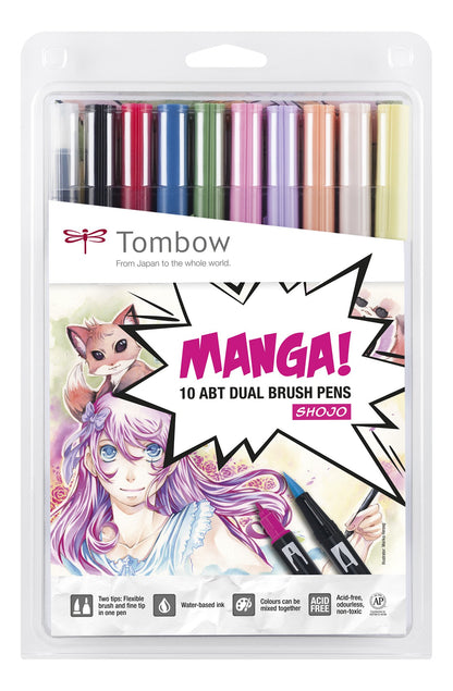 Tombow Abt-10c - Manga2 Fibre Painter, Dual Brush Pen with Two Tips, 10-He Manga Shojo Set,Red