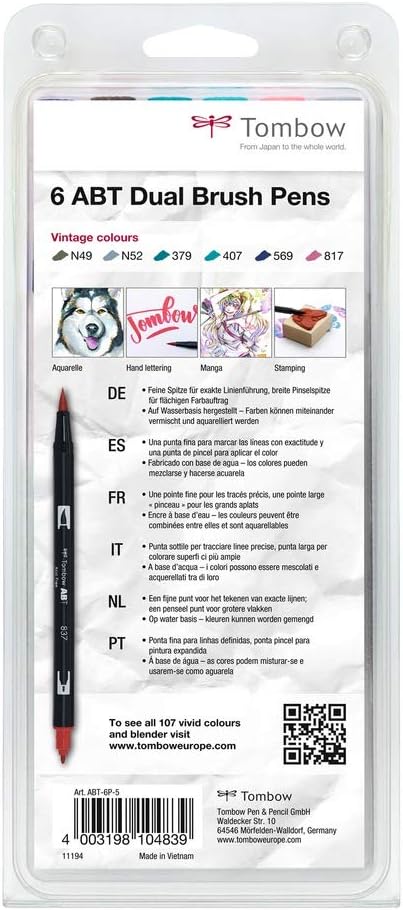 Tombow ABT-6P-5 ABT Dual Brush Pens - Vintage Colours (Pack of 6