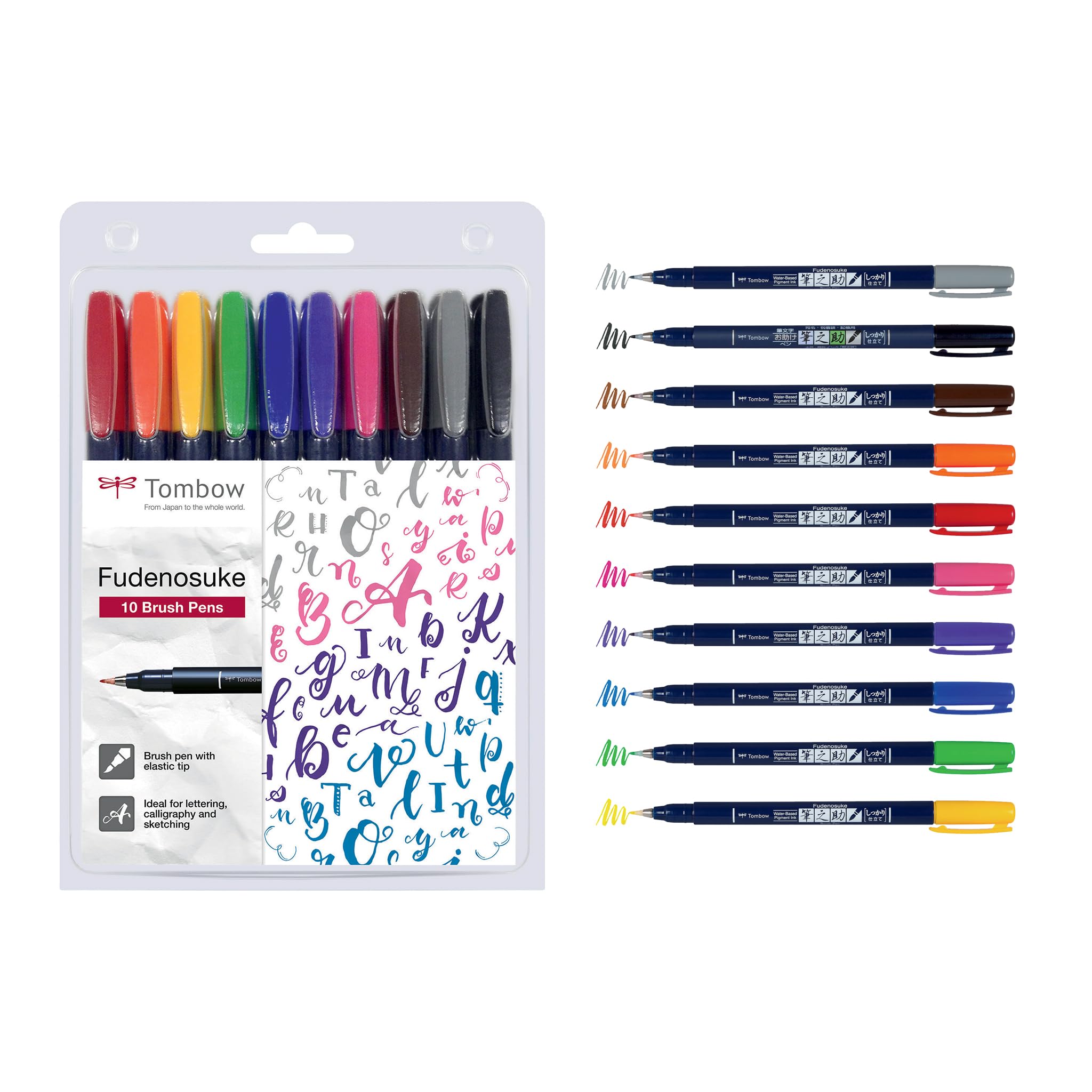 Tombow WS-BH-10P Fudenosuke Colour Brush Pens (Pack of 10