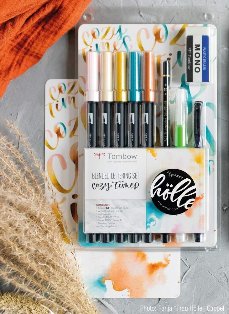 Tombow Blended Lettering Set includes 5 ABT Brush Pens, 1 Mono Pencil, 1 Mono Eraser, 1 Fudenosuke, 1 Water Brush, Blending Palette and Guide - Cosy Times, BS-FH1