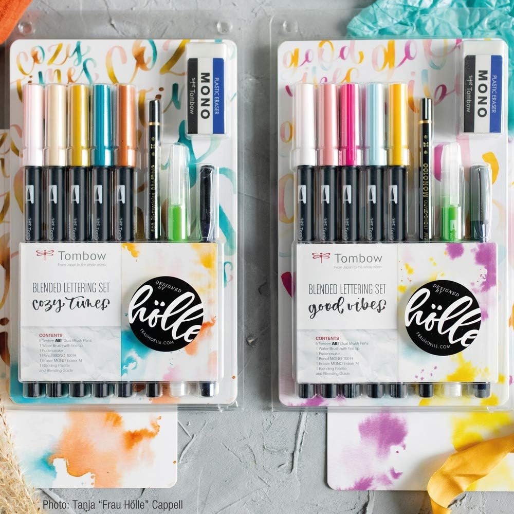 Tombow Blended Lettering Set includes 5 ABT Brush Pens, 1 Mono Pencil, 1 Mono Eraser, 1 Fudenosuke, 1 Water Brush, Blending Palette and Guide - Cosy Times, BS-FH1
