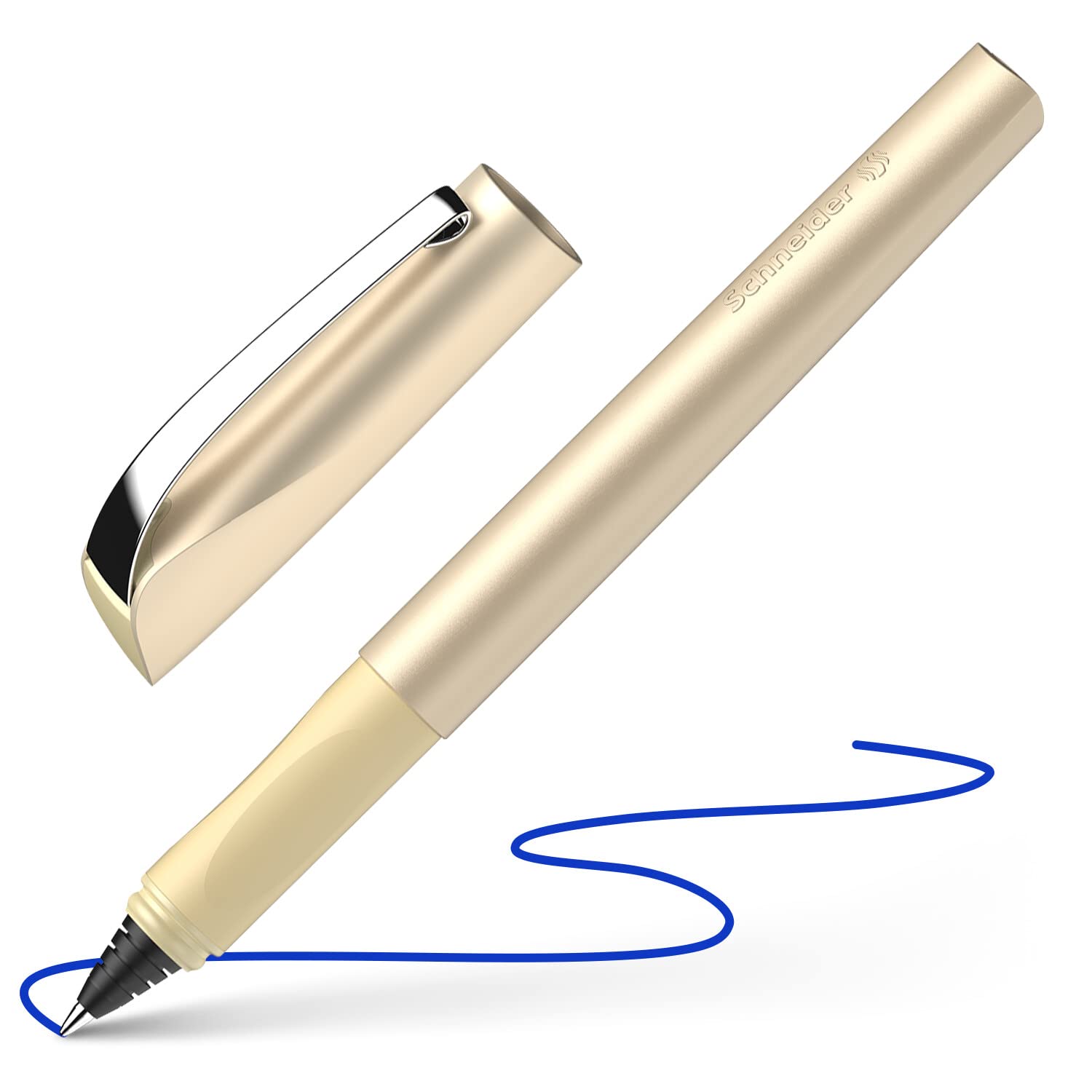 Schneider 186253 Ceod Shiny Light Gold Rollerball Pen - Right & Left Handed Medium Line Width + Royal Blue Ink Cartridge