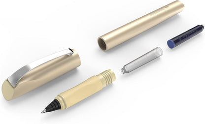Schneider 186253 Ceod Shiny Light Gold Rollerball Pen - Right & Left Handed Medium Line Width + Royal Blue Ink Cartridge