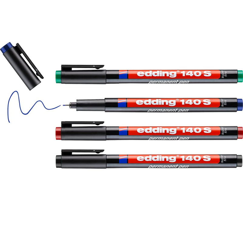 edding 140 S permanent pen - set of 4 - multi-coloured - round nib 0.3 mm - pen for writing on glass, plastic, foils and smooth surfaces - permanent, quick-drying, smudge-proof and waterproof