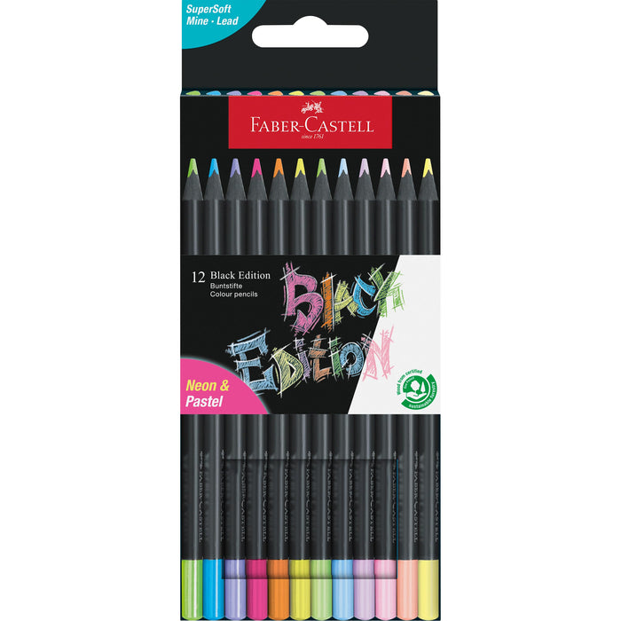 Faber Castell Colouring Pencils Black Edition Neon and Pastel Colours, Set of 12 tin of 12, Multicolor (116410