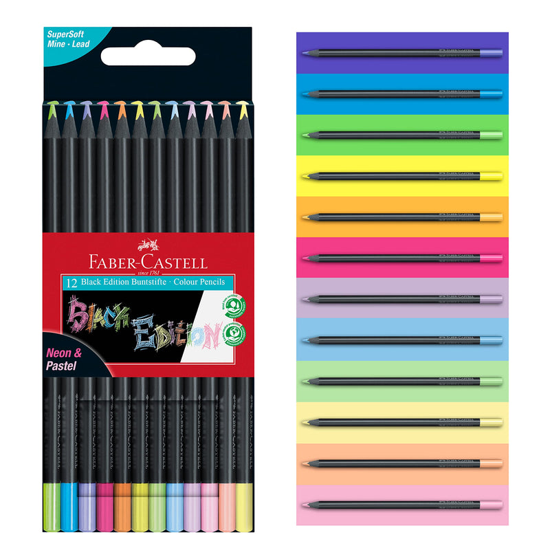Faber Castell Colouring Pencils Black Edition Neon and Pastel Colours, Set of 12 tin of 12, Multicolor (116410