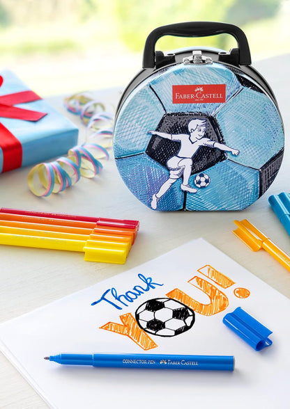 FABER-CASTELL 155538 - Filzstifte Connector Fußballkoffer, 33er Metalletui im Koffer-Format