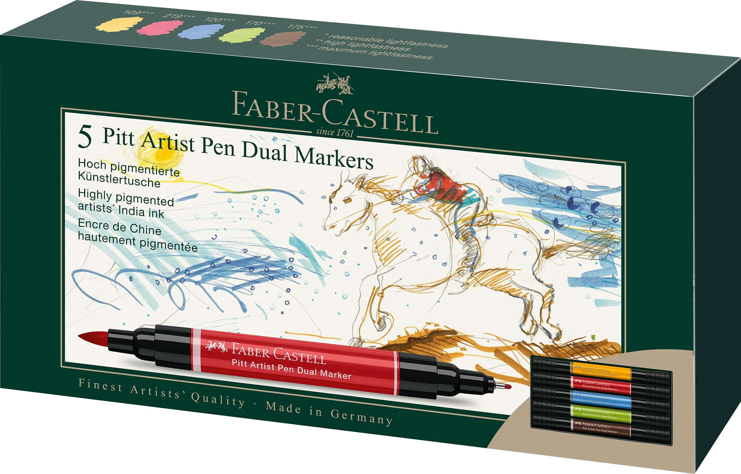Faber-Castell PITT Artist Pen Dual Marker India Ink - Wallet of 5, 162005, Multi, 5er