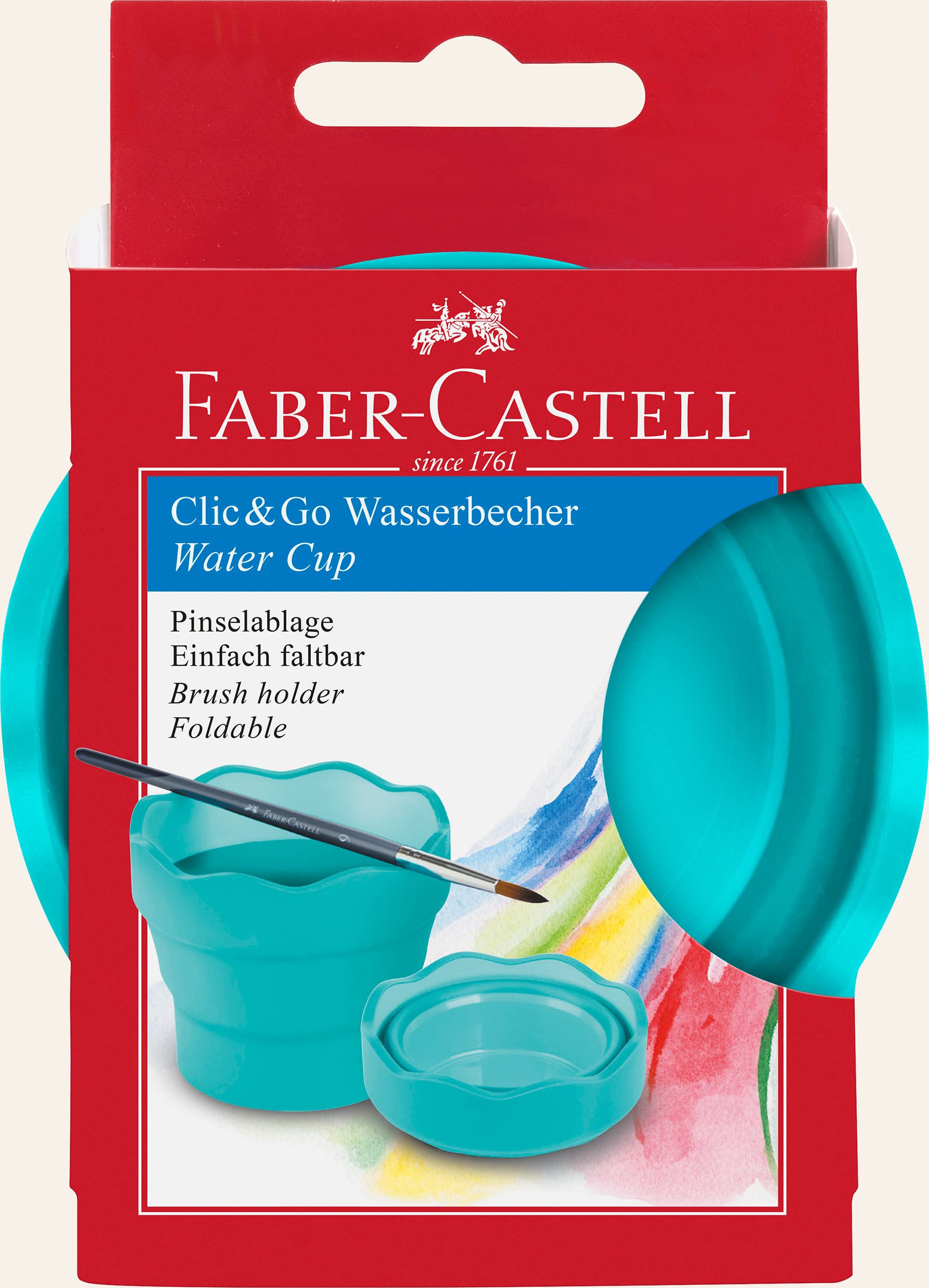 Faber-Castell Clic & Go Portable Paint Water Cup with Brush Holder, Turquoise - Collapsible Paint Brush Cleaner Rinse Cup, Travel Friendly Painting Accessories