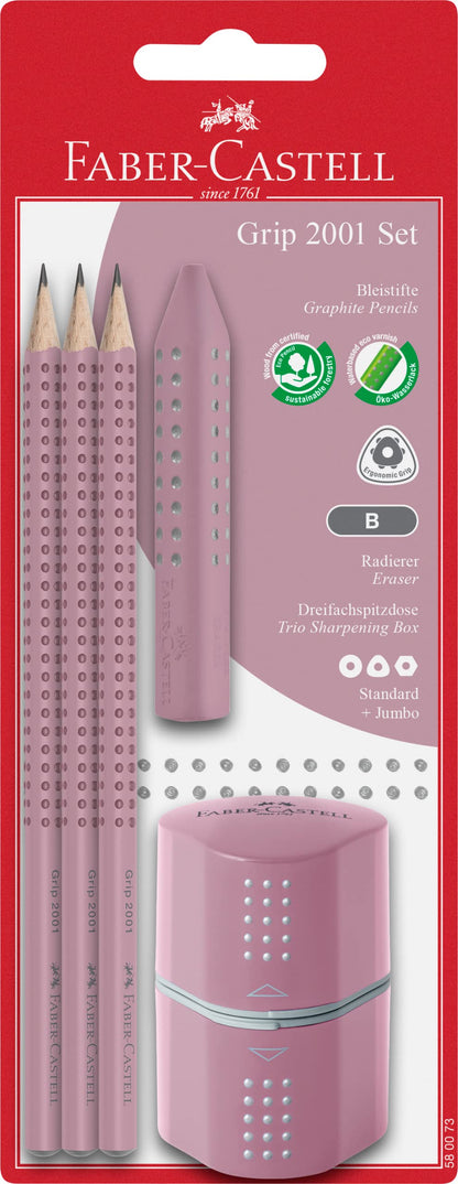 Faber-Castell Grip 2001 580073 Pencil Set Three Pencils Hardness B with Eraser and Sharpener Rose Shadows, pink