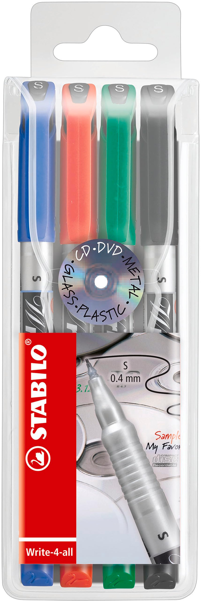 STABILO, Marcador permanente Write-4-all - Caja con 10 unidades - Punta superfina - Estuche con 4 colores
