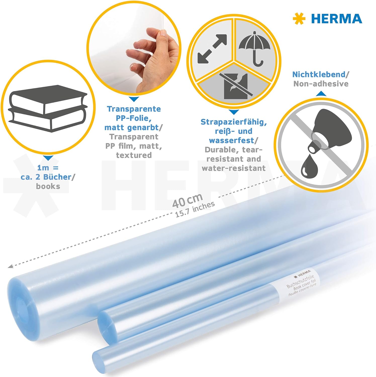 HERMA 7360 Book protection film non-adhesive transparent, 2 m x 40 cm, tear & water resistant book cover film, matt grained book film made of robust polypropylene film for durable binding
