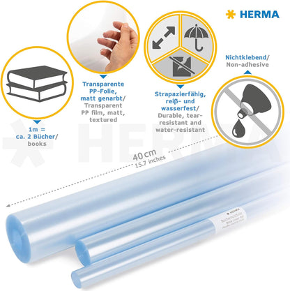 HERMA 7360 Book protection film non-adhesive transparent, 2 m x 40 cm, tear & water resistant book cover film, matt grained book film made of robust polypropylene film for durable binding
