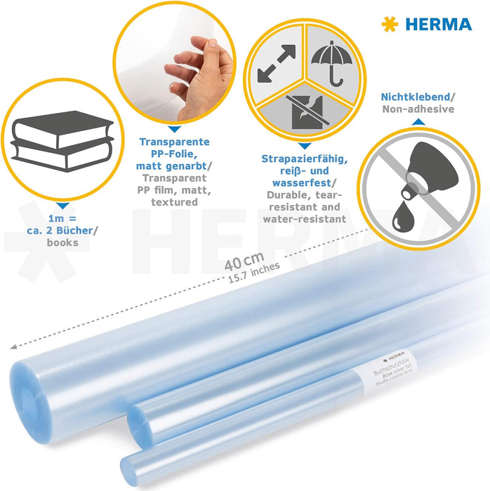 HERMA 7360 Book protection film non-adhesive transparent, 2 m x 40 cm, tear & water resistant book cover film, matt grained book film made of robust polypropylene film for durable binding