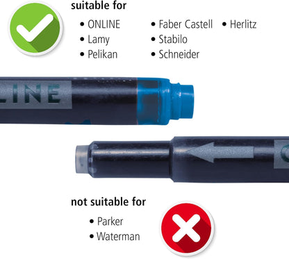 ONLINE double-sided pen ink cartridges, universal pen refills, compatible with all common fountain pens, even Lamy pens - Spare cartridges - 4-pack - Erasable, washable, colour royal
