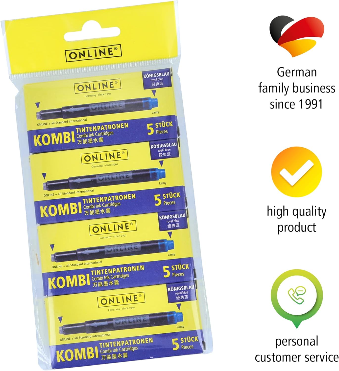 ONLINE double-sided pen ink cartridges, universal pen refills, compatible with all common fountain pens, even Lamy pens - Spare cartridges - 4-pack - Erasable, washable, colour royal