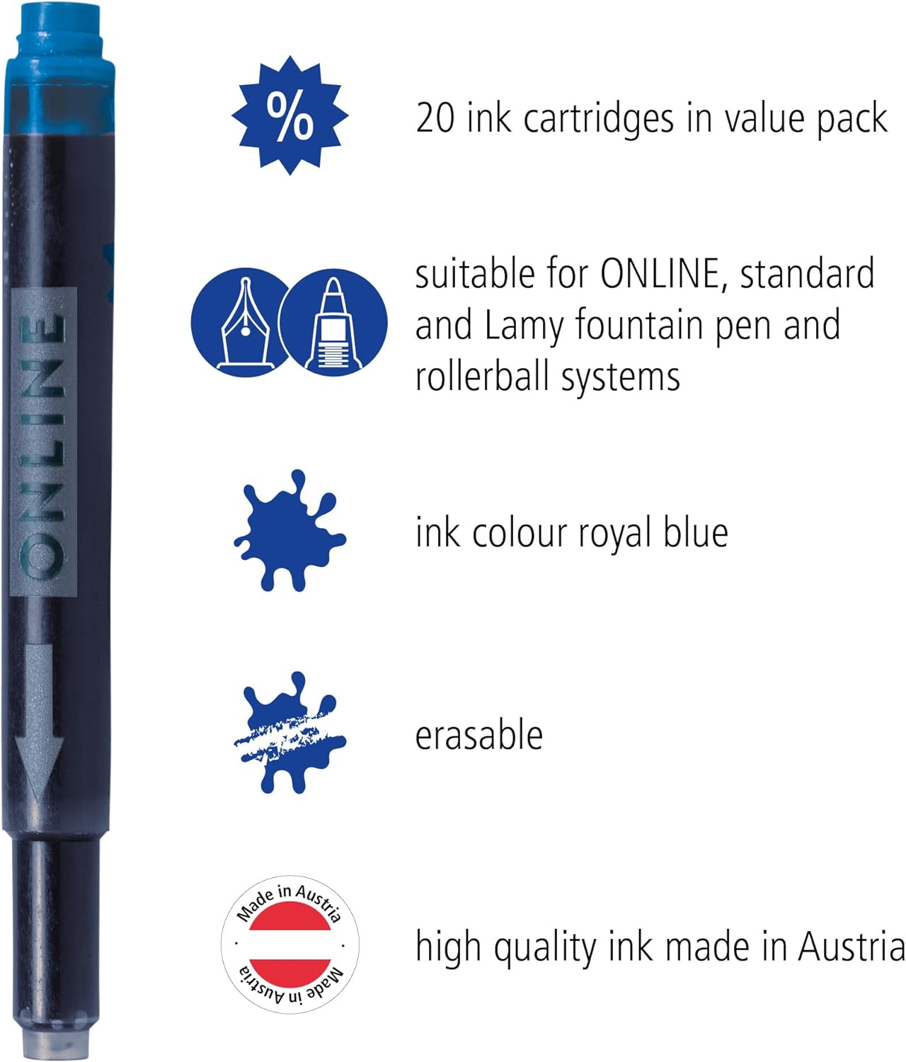 ONLINE double-sided pen ink cartridges, universal pen refills, compatible with all common fountain pens, even Lamy pens - Spare cartridges - 4-pack - Erasable, washable, colour royal