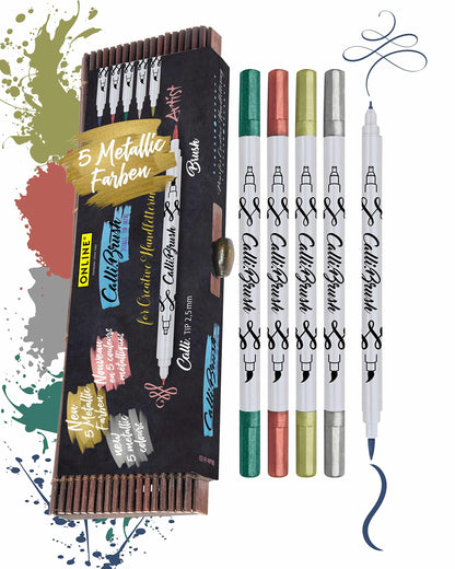 Online Calli.Brush Handlettering Brush-Pens Metallic | Set of 5 brush pens | Calligraphy Set for Bullet Journal, Hand Lettering | Calligraphy tip & brush tip | Pens with metallic effect Metallic Calli.Brush