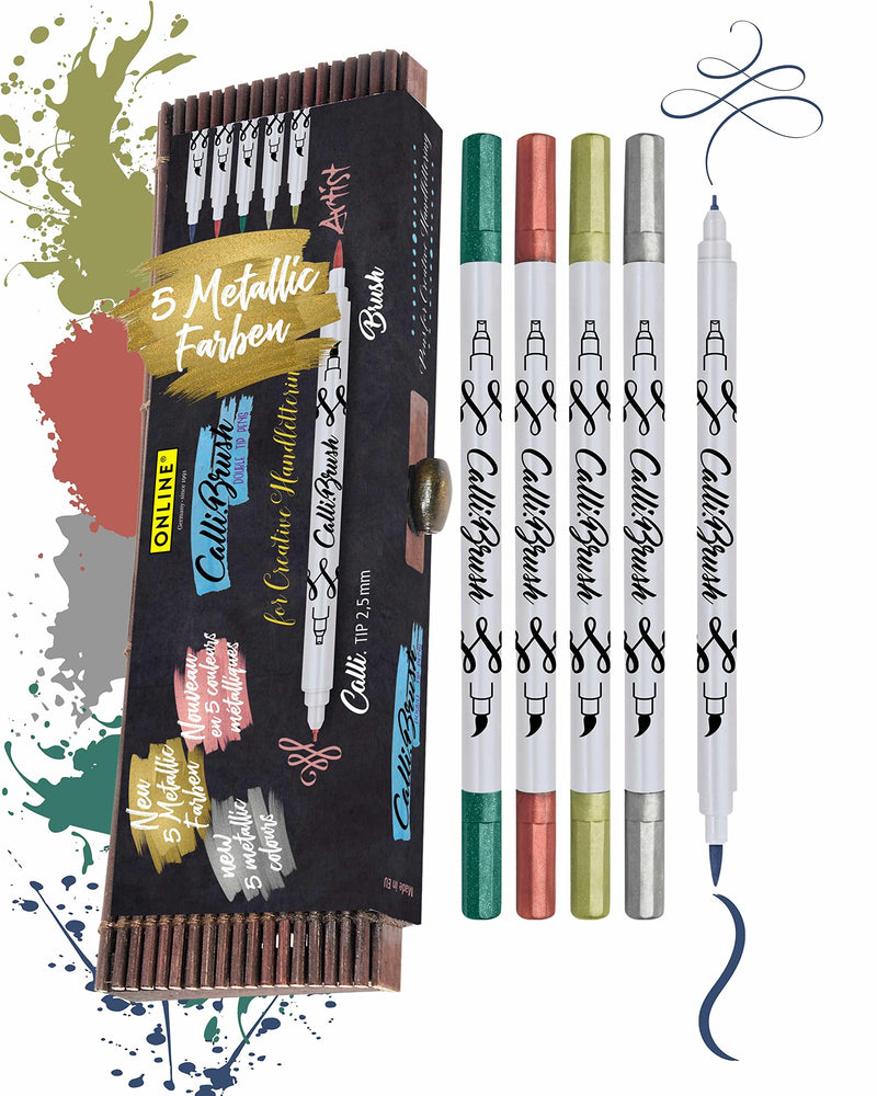 Online Calli.Brush Handlettering Brush-Pens Metallic | Set of 5 brush pens | Calligraphy Set for Bullet Journal, Hand Lettering | Calligraphy tip & brush tip | Pens with metallic effect Metallic Calli.Brush