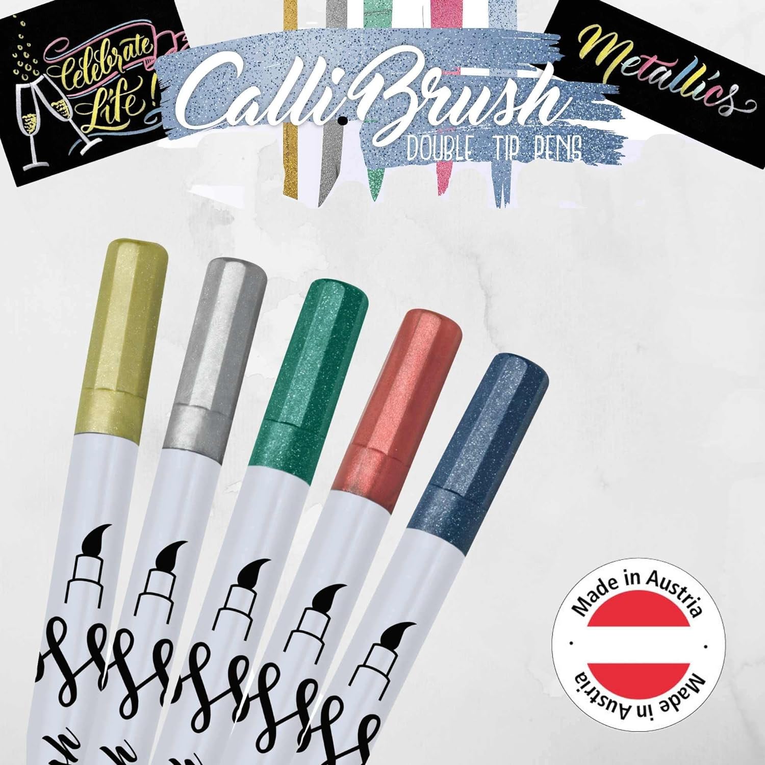 Online Calli.Brush Handlettering Brush-Pens Metallic | Set of 5 brush pens | Calligraphy Set for Bullet Journal, Hand Lettering | Calligraphy tip & brush tip | Pens with metallic effect Metallic Calli.Brush