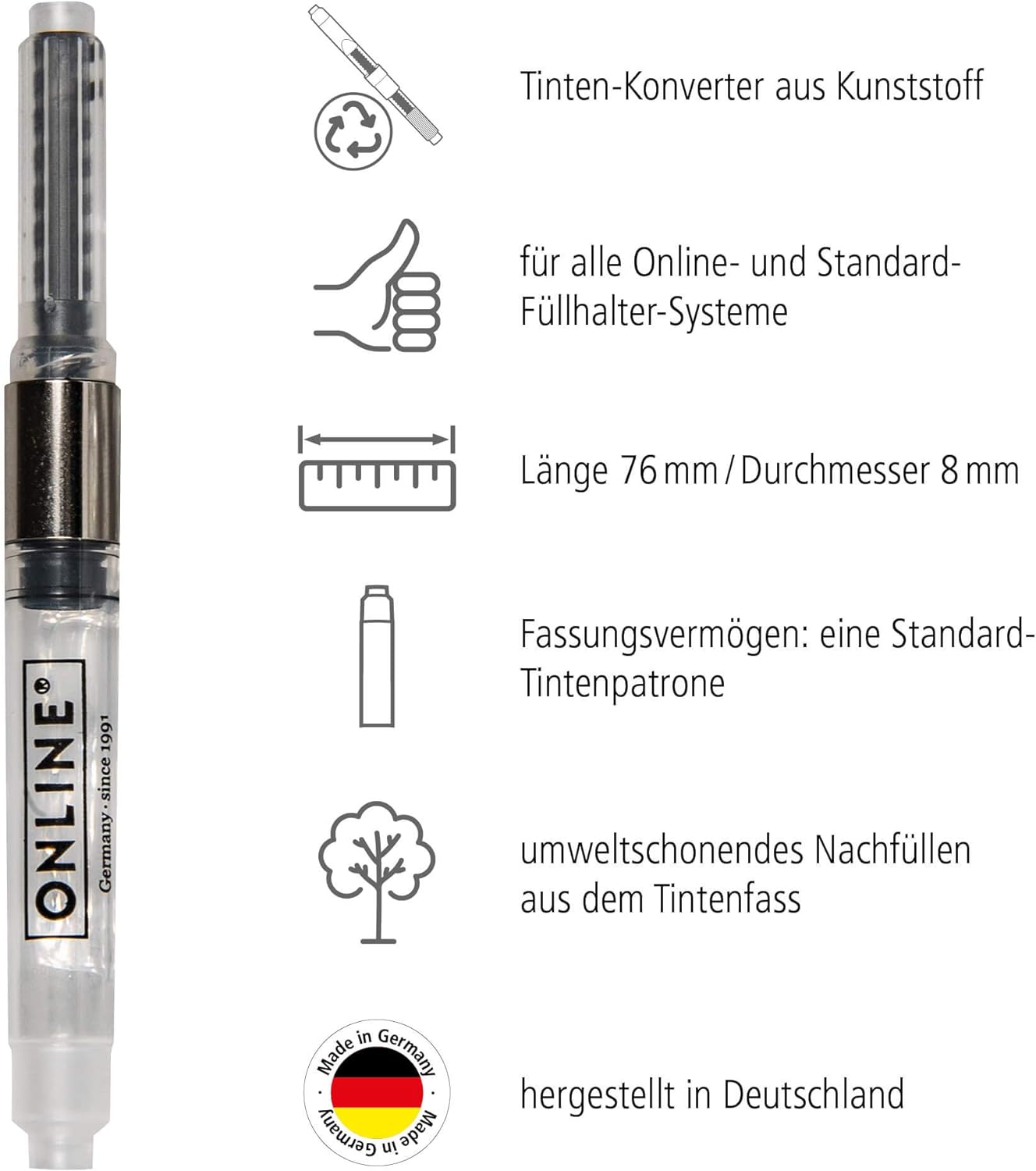 Online Schreibgerate ONLINE Standard Ink Converter │ Cartridge Converter Made of Synthetic Material │ fits Standard Fountain pens and Rollerball pens │ refillable,Black (Pack of 2