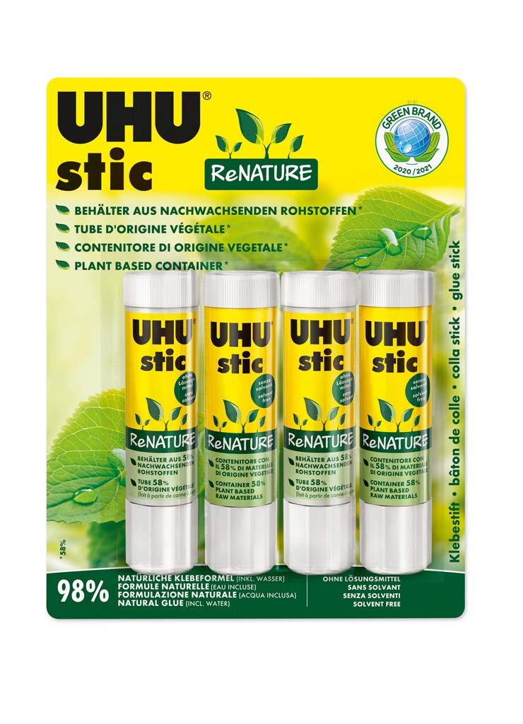 UHU Stic ReNATURE Eco Friendly Solvent Glue Stick in a Renewable Resource Packaging 4 x 21g