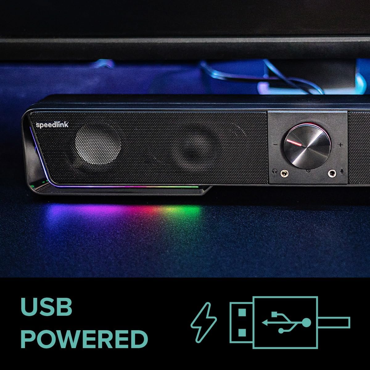 Speedlink Gravity RGB Stereo Soundbar - Speaker with Bluetooth Connection for Smartphone/Tablet - RGB Lighting - Headphone and Microphone Jack - Black