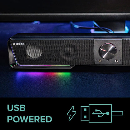 Speedlink Gravity RGB Stereo Soundbar - Speaker with Bluetooth Connection for Smartphone/Tablet - RGB Lighting - Headphone and Microphone Jack - Black