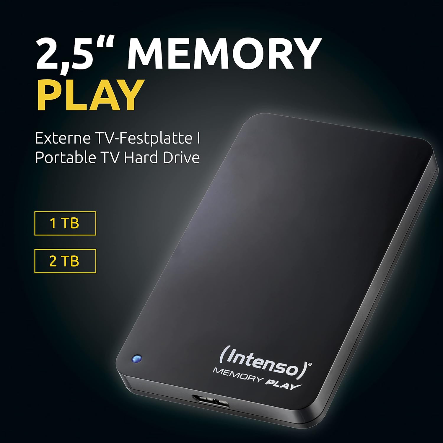 Intenso 6021480 Memory Play Portable Hard Drive 2TB Portable External TV Hard Drive - 2.5 Inch 5400 rpm 8MB Cache USB 3 with TV Mount Black