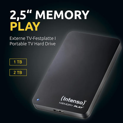 Intenso 6021480 Memory Play Portable Hard Drive 2TB Portable External TV Hard Drive - 2.5 Inch 5400 rpm 8MB Cache USB 3 with TV Mount Black