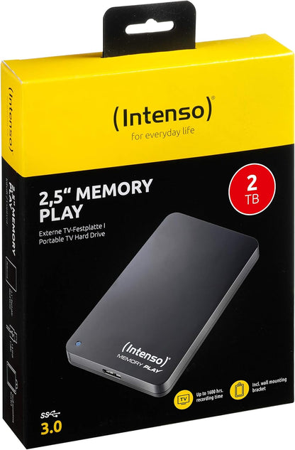 Intenso 6021480 Memory Play Portable Hard Drive 2TB Portable External TV Hard Drive - 2.5 Inch 5400 rpm 8MB Cache USB 3 with TV Mount Black