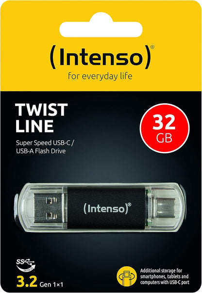 Intenso Twist Line 32 GB, Dual USB-Stick 3.2 Gen 1x1, USB-C und USB-A, 70MB/s, Anthrazit (Packung mit 3