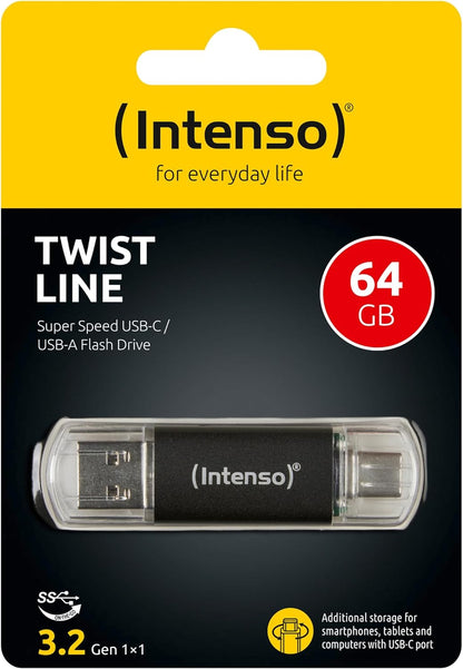 Intenso Twist Line 64 GB - Chiavetta USB Dual 3.2 Gen 1x1, USB-C e USB-A, 70 MB/s, antracite