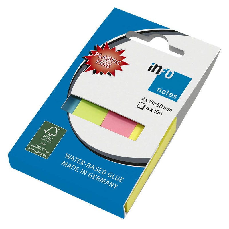 inFO Notes Pagemarker Mix, 4 Pads of 100 Sheets, 15 x 50 mm per Pad, Packed in an Environmentally Friendly Cardboard (Without Foil), FSC Certified Paper