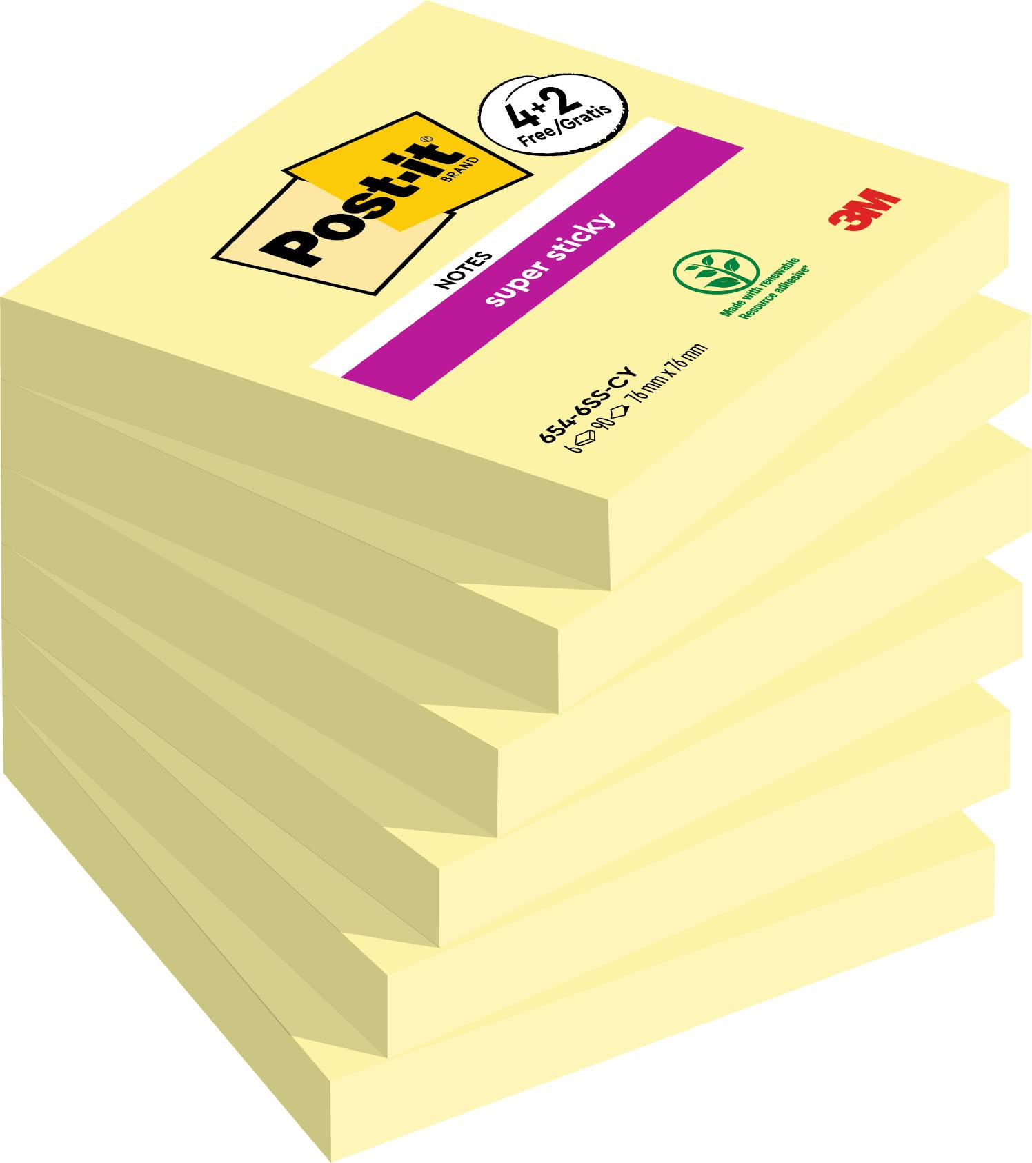 Post-it Super Sticky Notes, Canary Yellow, 76 mm x 76 mm, Promo Pack, 90 Sheets/Pad, 4 + 2 FREE Pads/Pack, Yellow Color - Self-stick Notes For Note Taking, To Do Lists & Reminders