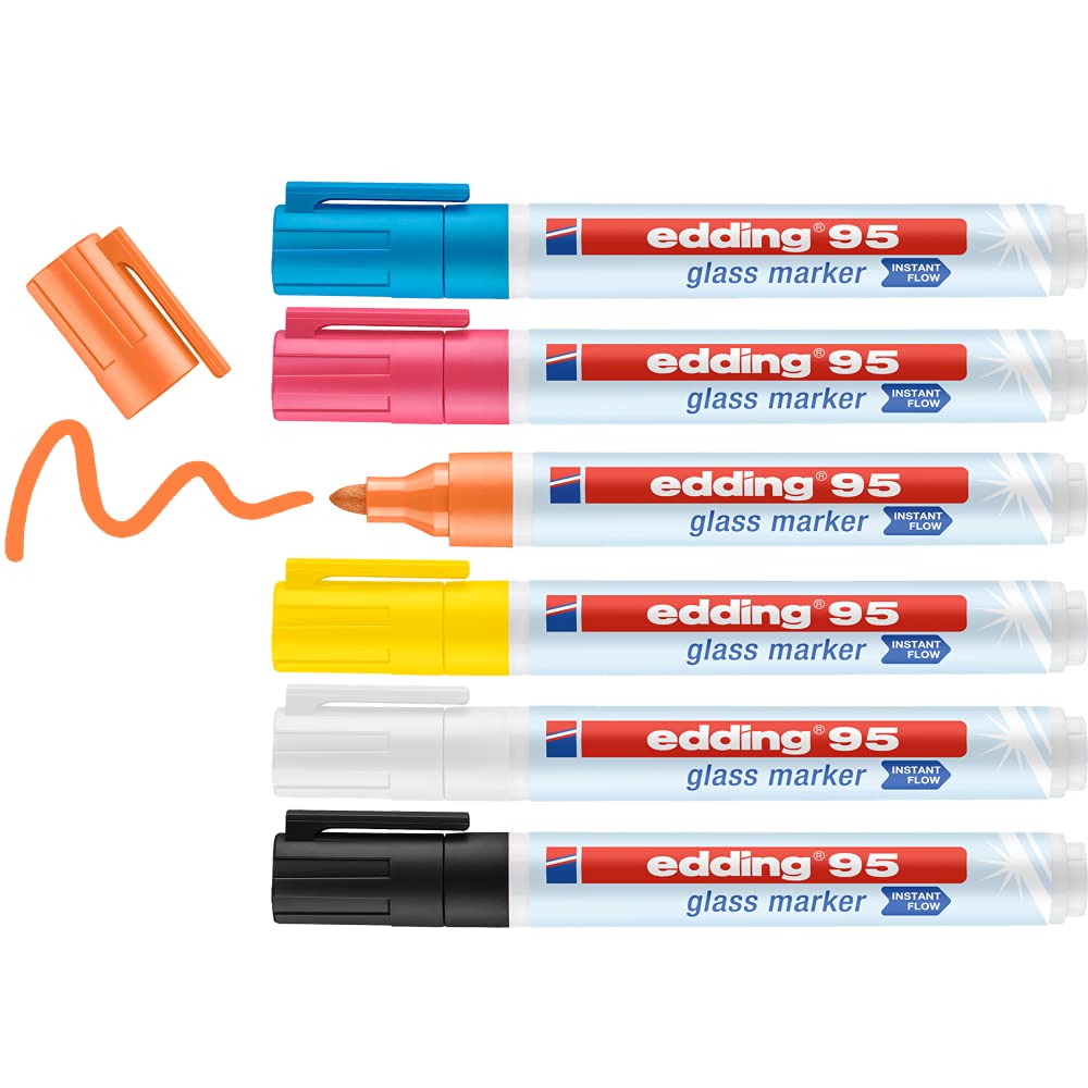 edding 95 glass marker - multi-coloured - 6 glass pens - round nib 1.5-3 mm - washable window marker pen - for writing and marking on glass surfaces, windows, glassboards, whiteboards - dry-wipeable