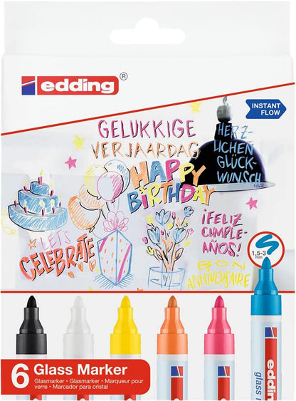 edding 95 glass marker - multi-coloured - 6 glass pens - round nib 1.5-3 mm - washable window marker pen - for writing and marking on glass surfaces, windows, glassboards, whiteboards - dry-wipeable
