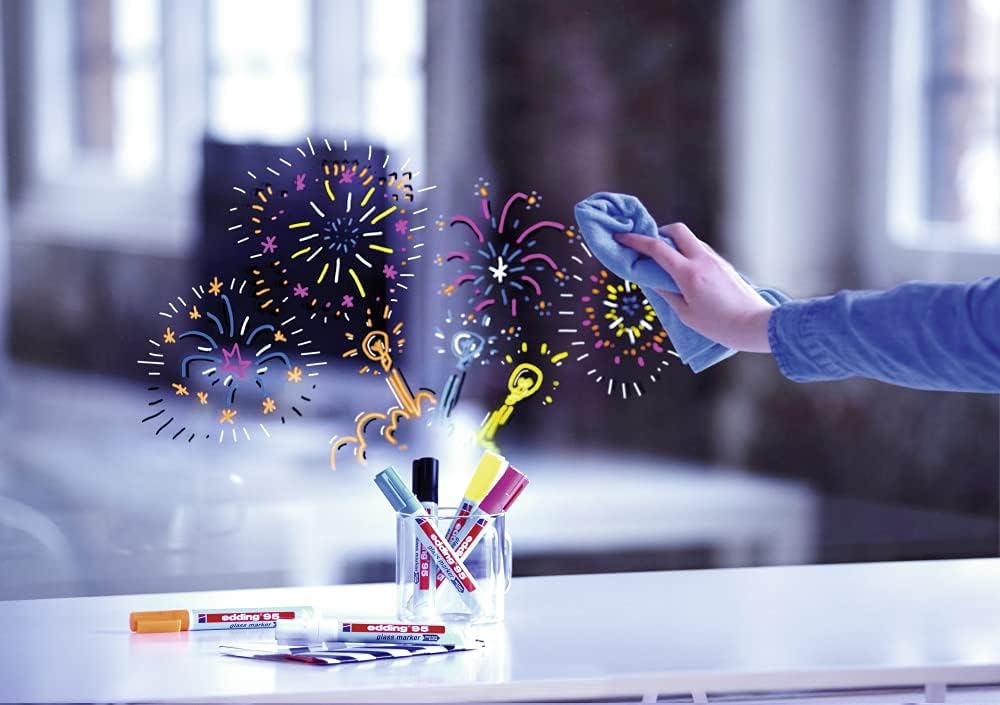 edding 95 glass marker - multi-coloured - 6 glass pens - round nib 1.5-3 mm - washable window marker pen - for writing and marking on glass surfaces, windows, glassboards, whiteboards - dry-wipeable
